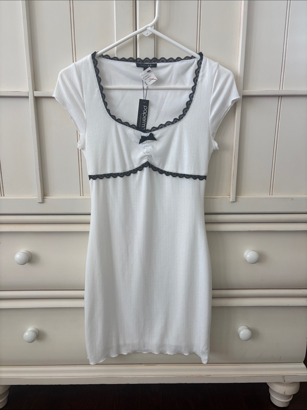 Papermoon White Ribbed Chemise with Black Lace Trim
